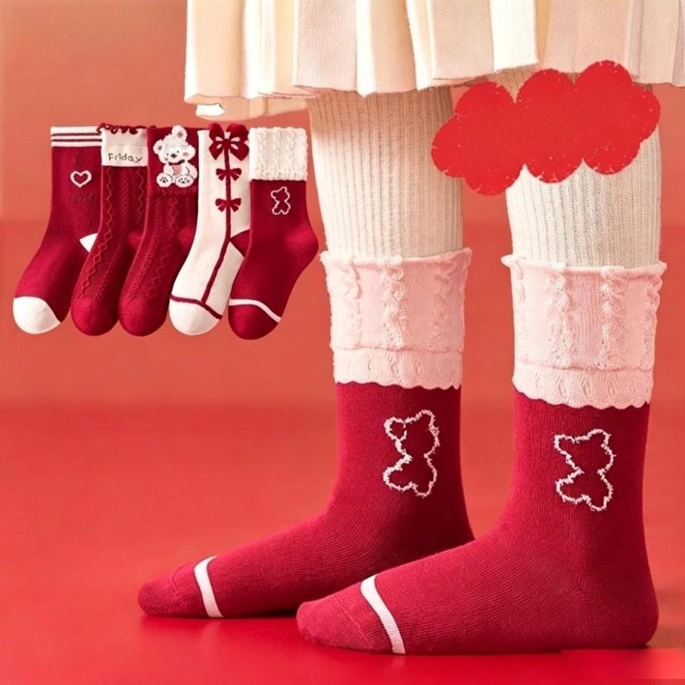 Red Color Mid Calf Socks Soft Cotton Cartoon Pattern Socks Cozy Holiday Socks  For Girls
