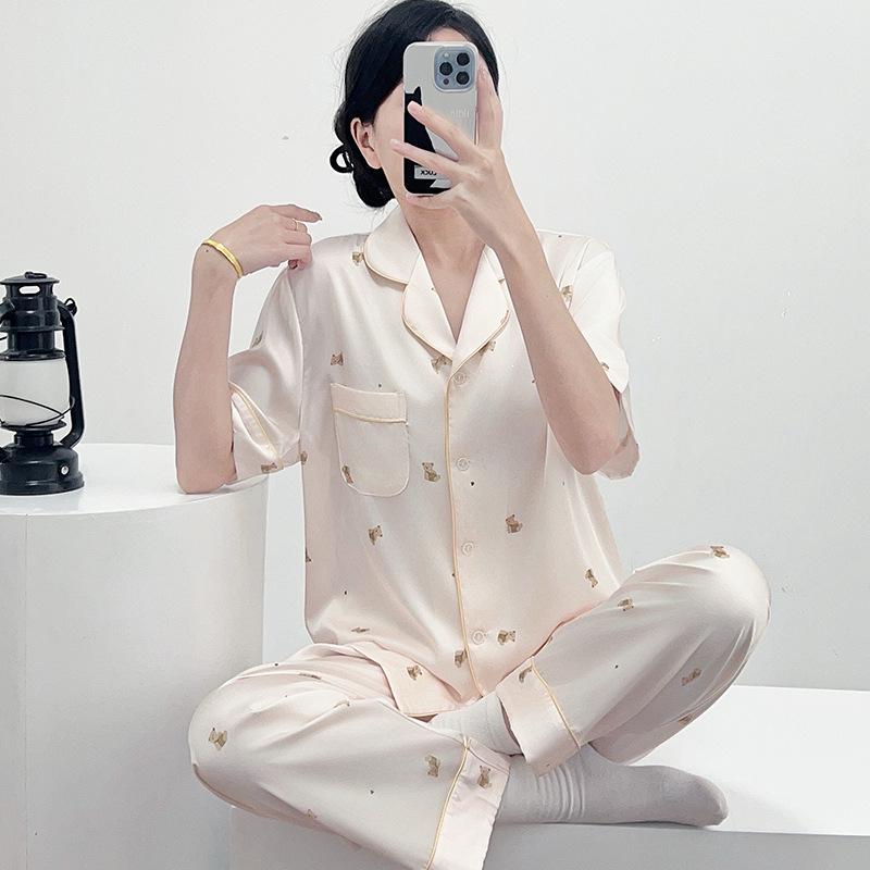 Women's 2025 Ice Silk Pajamas: Summer Thin, Loose Fit, Short Sleeve & Long Pants Set for Spring/Autumn