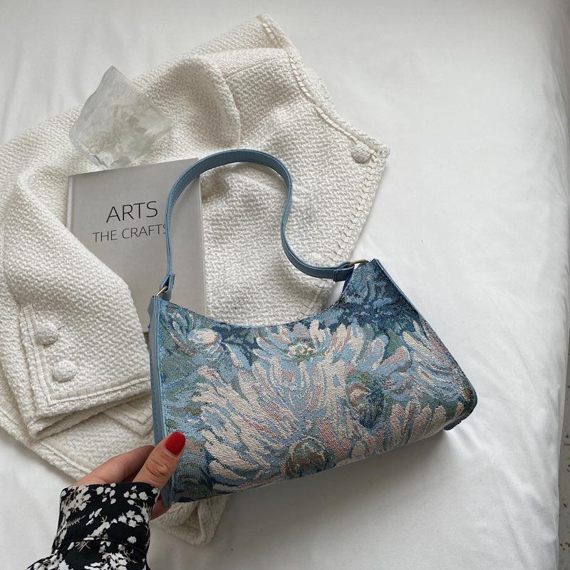 

This year s popular casual design bag 2025 new trendy girl autumn simple armpit bag oil painting shoulder small square bag синий