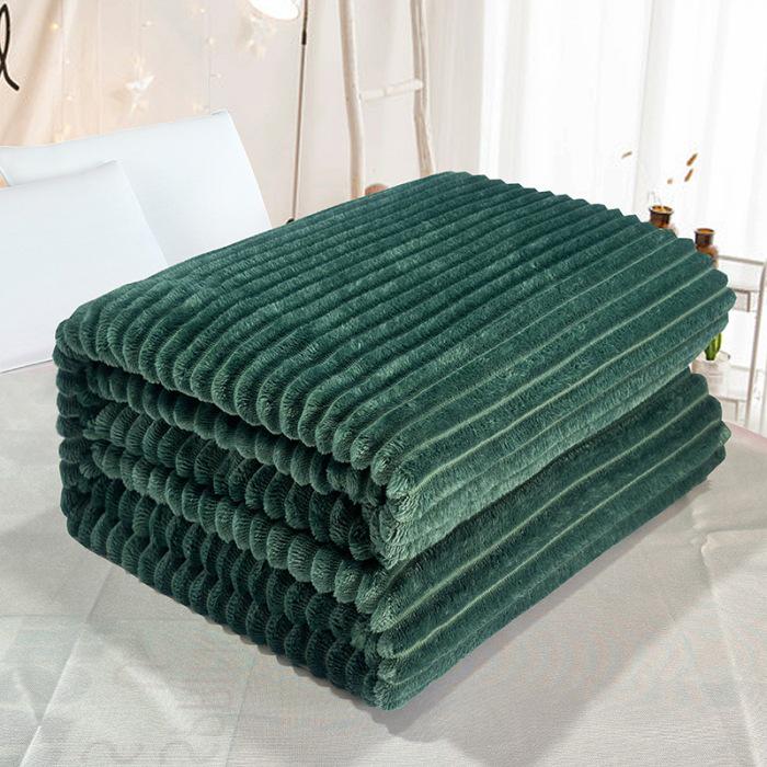 Thickened Flannel Striped Velvet Blanket, Plain Color Coral Fleece