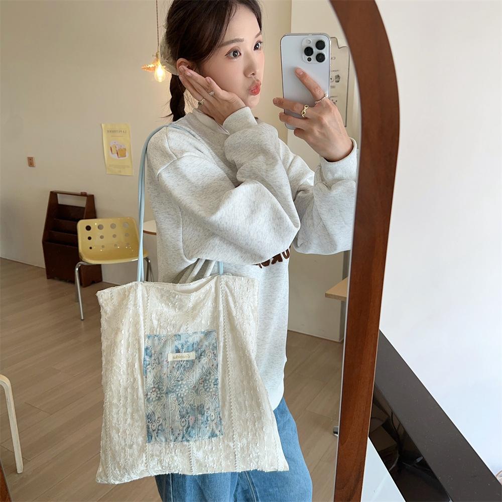 New Style, Pearl, Niche Design, Canvas Bag, Large Capacity, Commuting Bag, Girls' Bag, Lace Hand-held Shoulder Bag