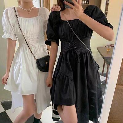 Women's Summer Puff Sleeve Drawstring Waist Slim French Dress