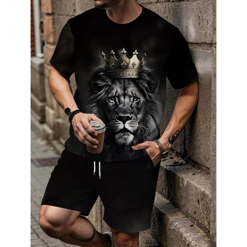 Men's Summer Set Fashion Wolf Print Short Sleeve + Shorts 2 Piece Set Animal Pattern Casual Quick-Dry Men's Summer Sports Set