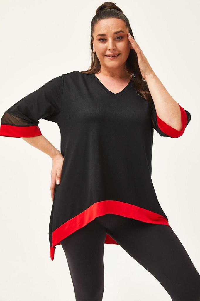 Women's Big Size Blouse Plus Size Black-Green Blouse with Tulle Detail On Sleeves and Skirt