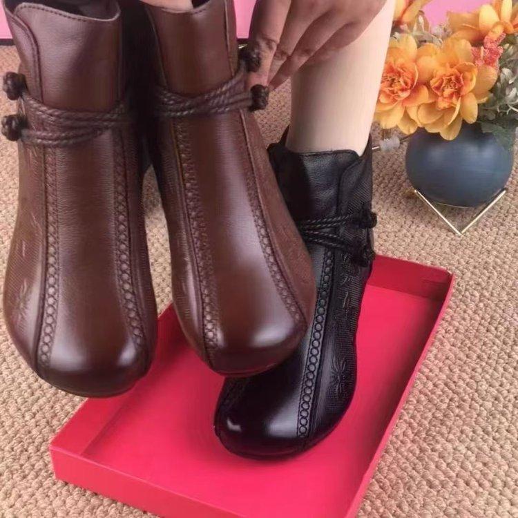 Soft Leather Short Boots Women's Ethnic Wind Cotton Boots Women's 2025 Autumn and Winter Douyin Explosion Single Boots Round Head Retro Dance Mother S