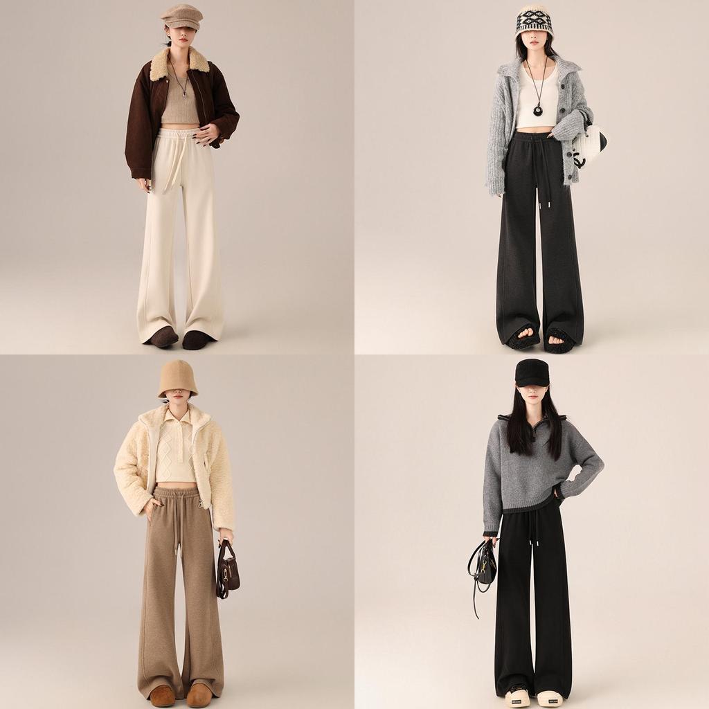 Winter Wool Cashmere Blend High Waist Wide Leg Pants For Women With Pockets And Drawstring