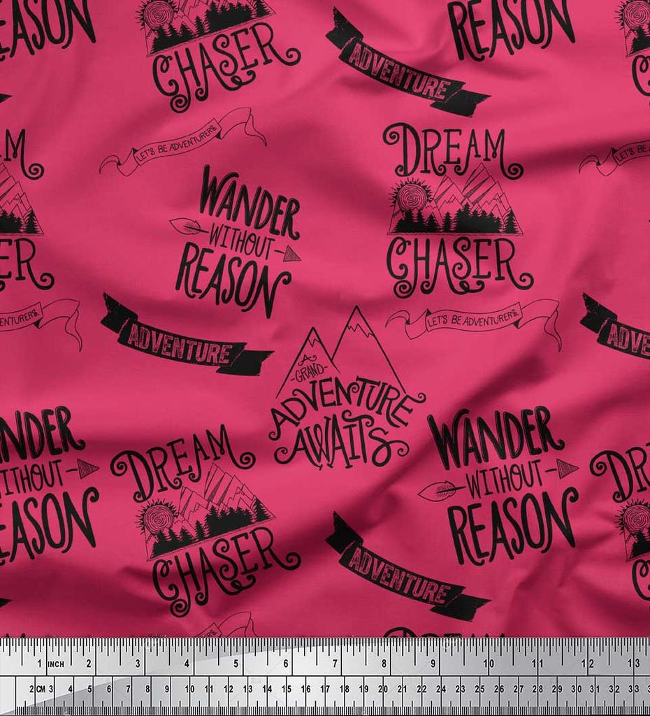 Soimoi Pink Japan Crepe Satin Fabric Dream Chaser Text Print Fabric by metre 42 Inch