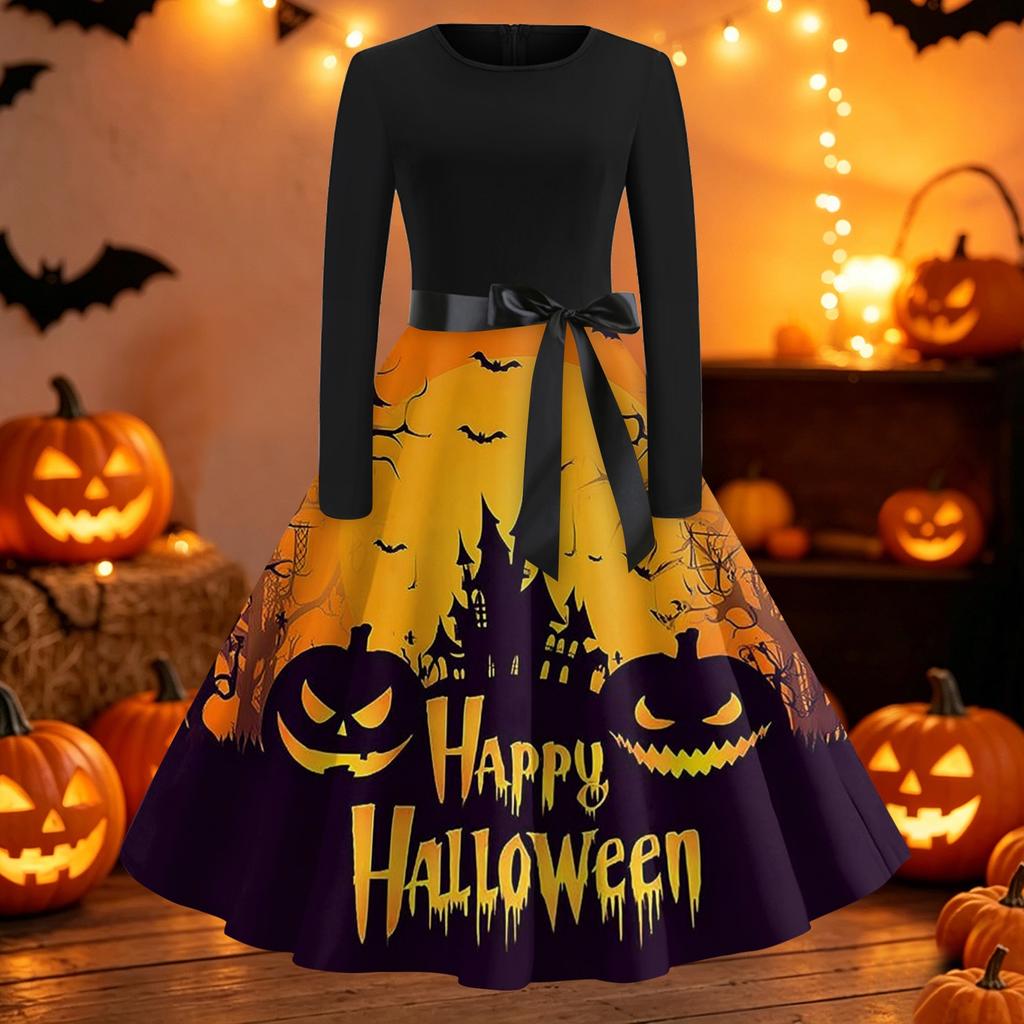 Women's Vintage Round Neck Dress with Halloween Print for Casual Fall Outings
