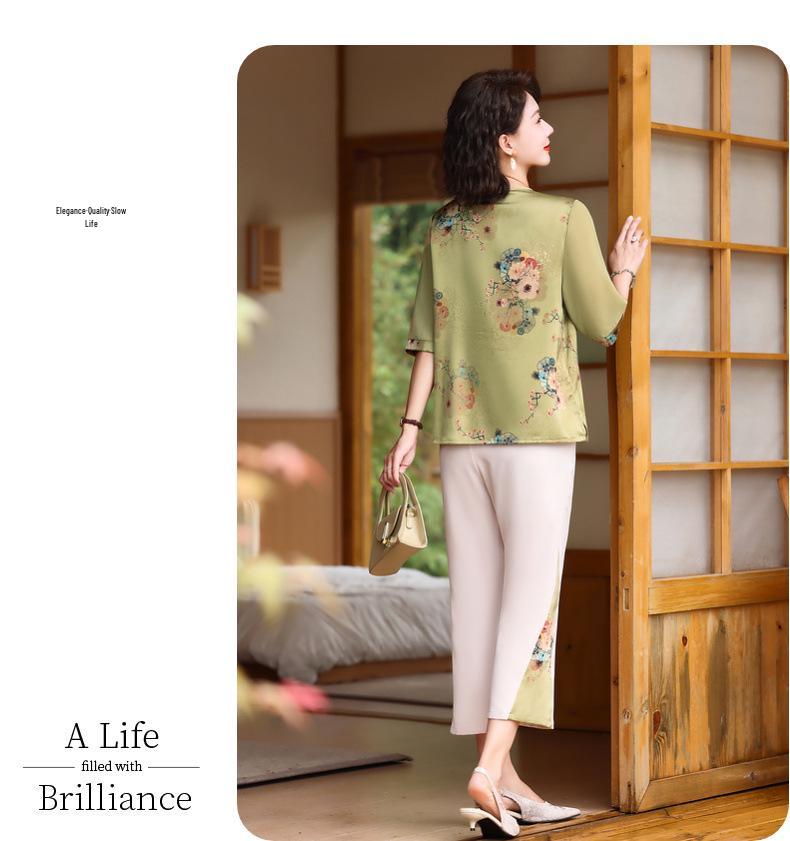 Mother's Summer Chiffon Short-Sleeved Top Set - Stylish T-Shirt for Middle-Aged & Elderly Women