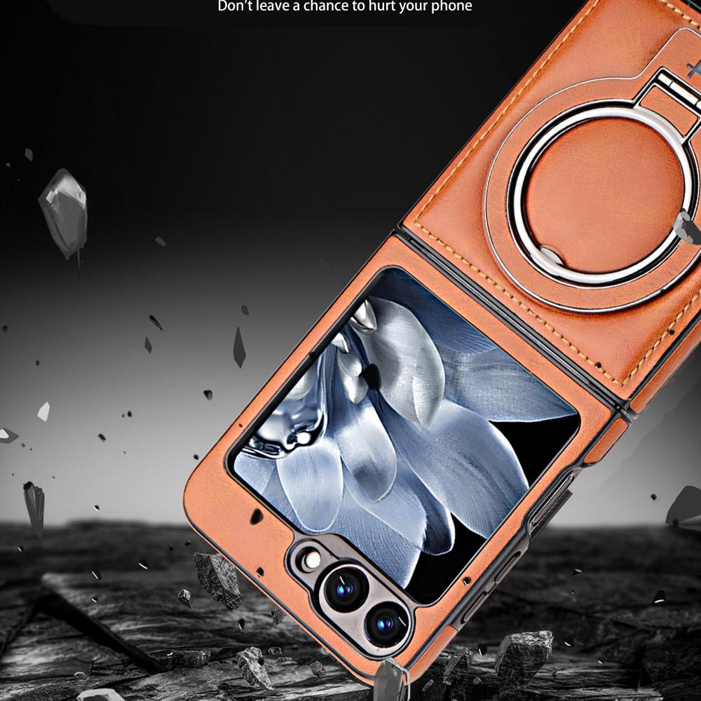 Samsung Galaxy Z Flip 6 5 4 3 Magnetic Flip Phone Case High-end Leather ZFlip 6 Ring Bracket Shockproof Wireless Charge Funda