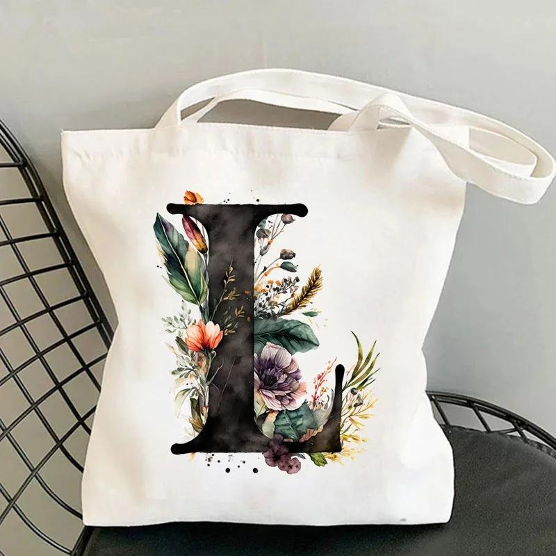 26 Black Alphabet Flower Tote Bags For Women Large Capacity Canvas Casual New Shopping Printed Reusable Handbag Eco Bag Large
