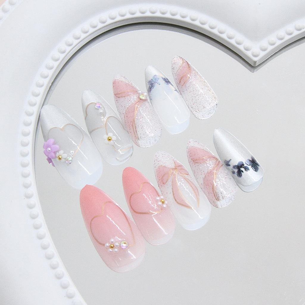Sweet cat's eye flash diamond small flower bow hollow heart removable manicure 24 pieces