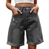 Summer Women Denim Shorts Mid Waisted Knee Length Stretchy Casual Wide Straight Leg Distressed Cuffed Jeans Short Pants with Pockets