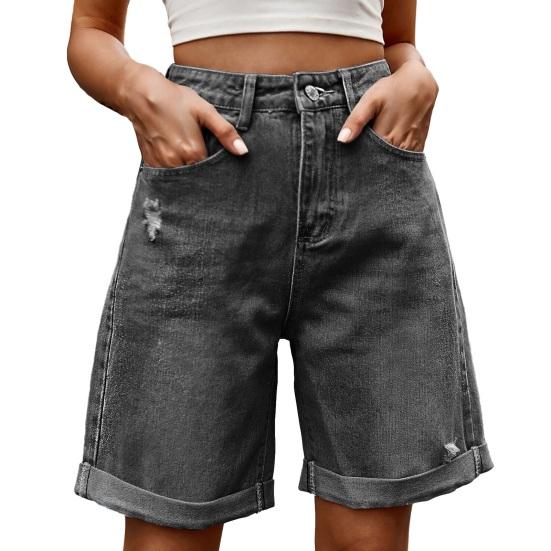 Summer Women Denim Shorts Mid Waisted Knee Length Stretchy Casual Wide Straight Leg Distressed Cuffed Jeans Short Pants with Pockets