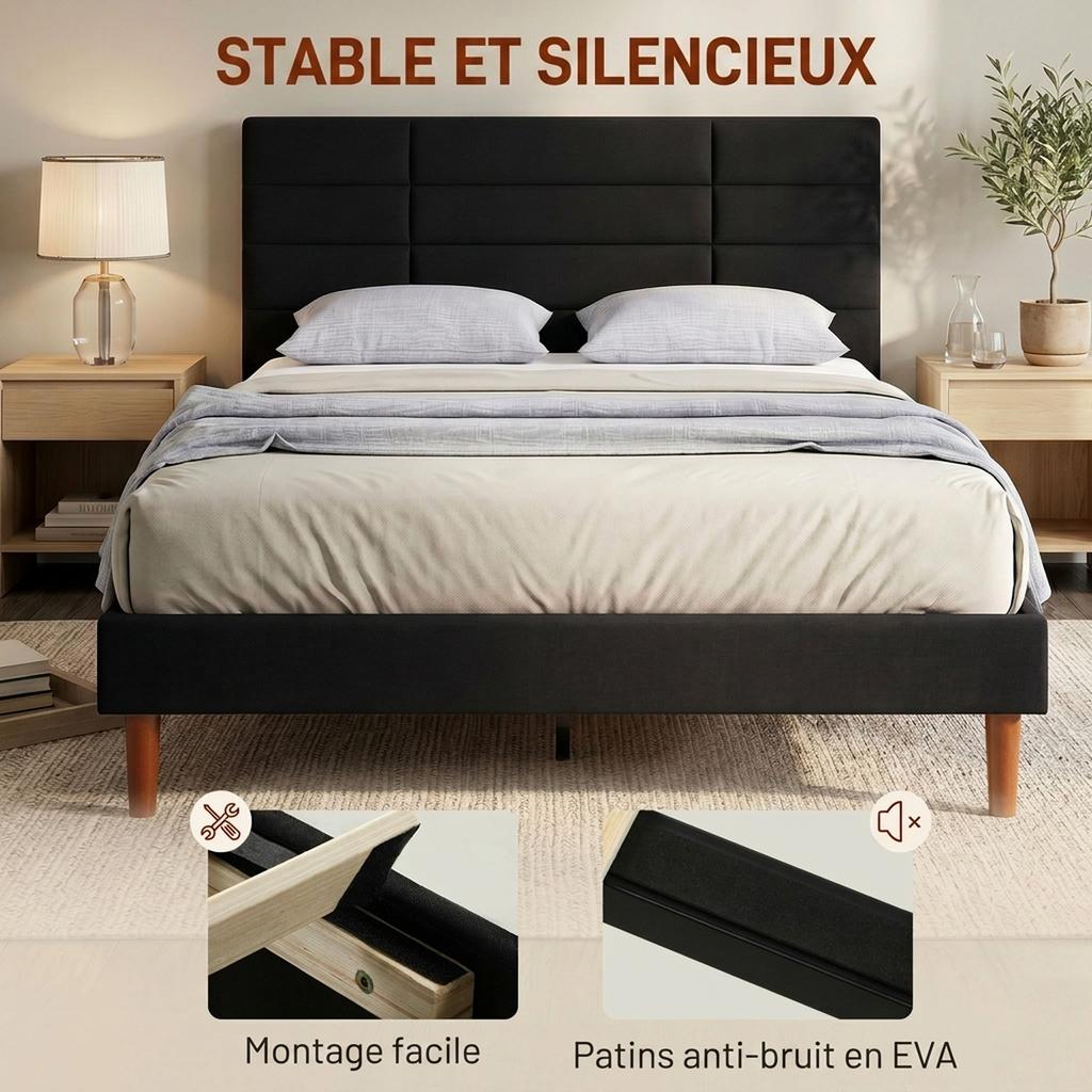 Double Bed Frame, 140 X 200 Cm, Wooden Slatted Base, Linen-Effect, Storage Underneath, Black