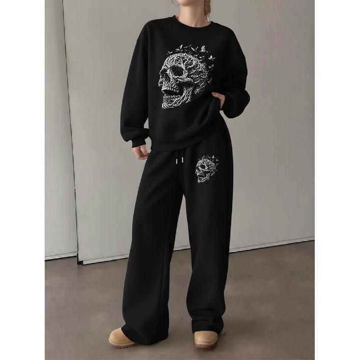 Damen Crewneck Sweatshirt & Hose mit Kordelzug und geradem Bein 2-teiliges Set, Lässiges Set mit auffälligem Totenkopf-Print, Entspannte Passform & Vielseitige Freizeitkleidung