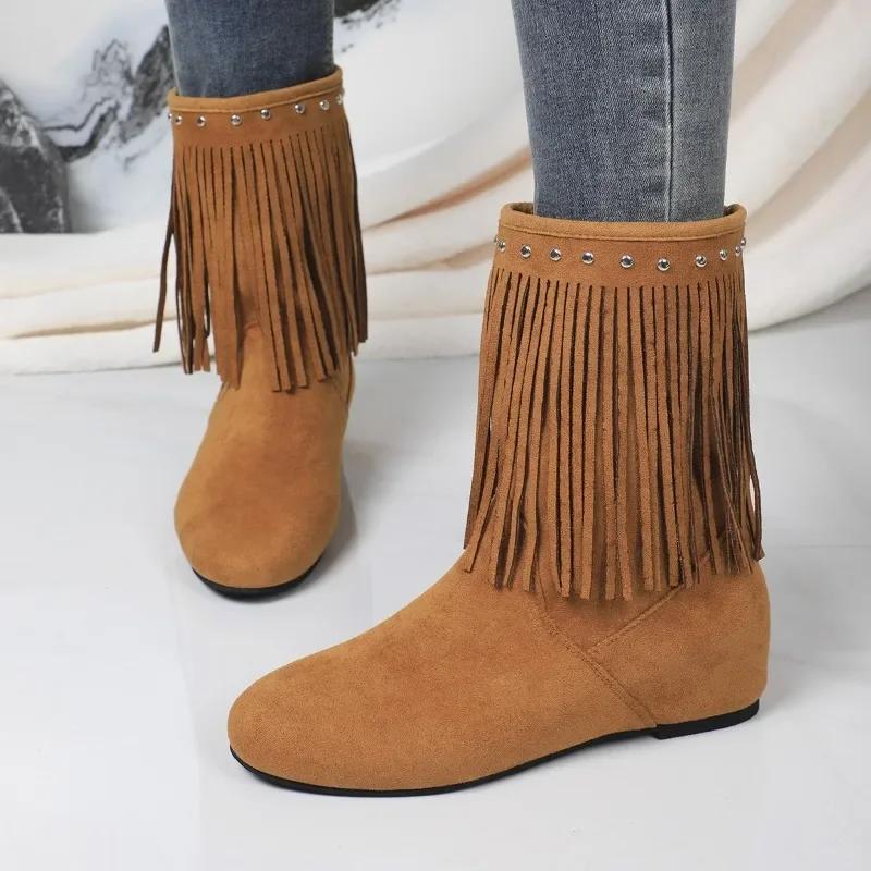 Fashion Ladies Shoes 2024 High Quality Slip-on Women's Boots Fashion Tassel Modern Boots Women Winter Rivet Solid Mid-Calf Boots Zapatos