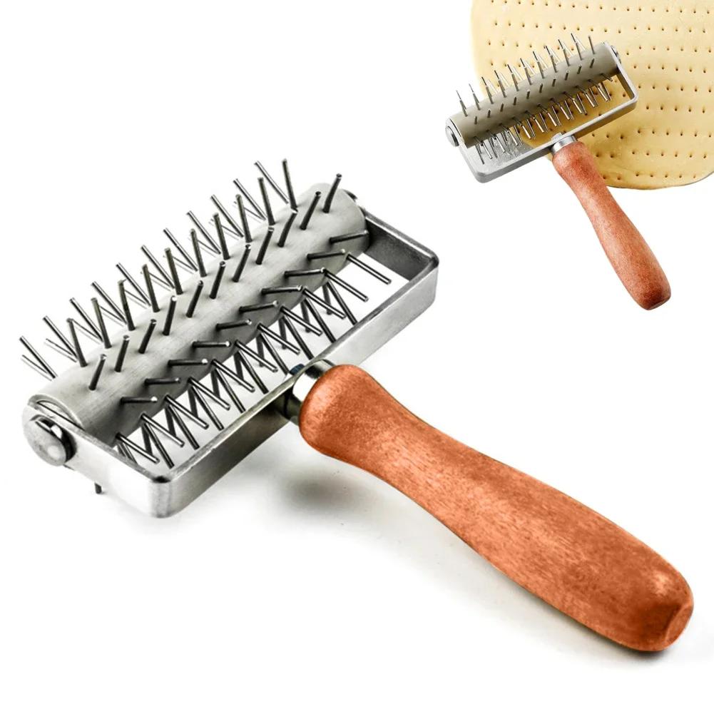 

Ролик для теста для пиццы из нержавеющей стали с деревянной ручкой Профессиональный инструмент для выпечки для пирогов, выпечки, хлеба Игольчатый перфоратор