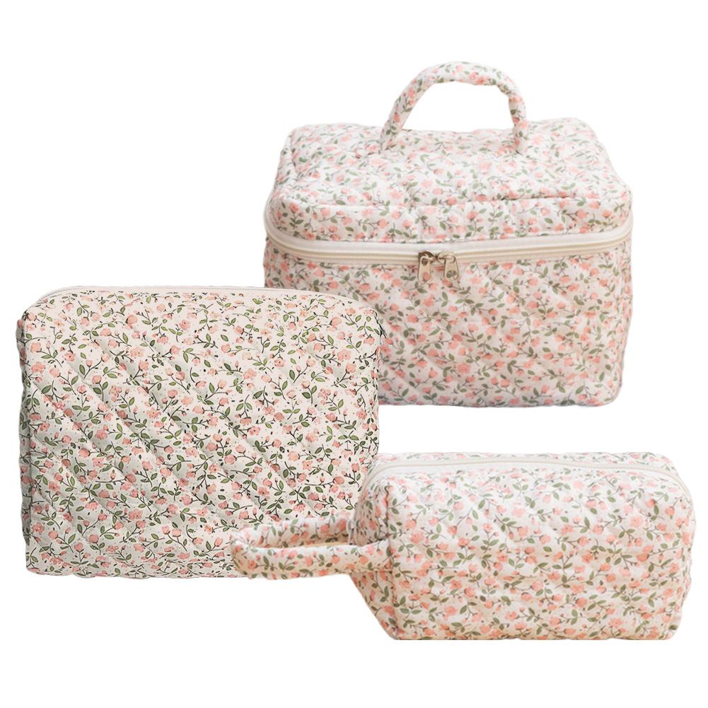 3Pcs Floral Makeup Bag Cotton Quilted Travel Makeup Pouch Large Cosmetic Bag with Zipper Toiletry Bag for Women