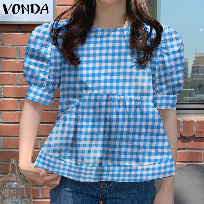 

Летние женские клетчатые топы VONDA с ​​рукавами-фонариками и круглым вырезом