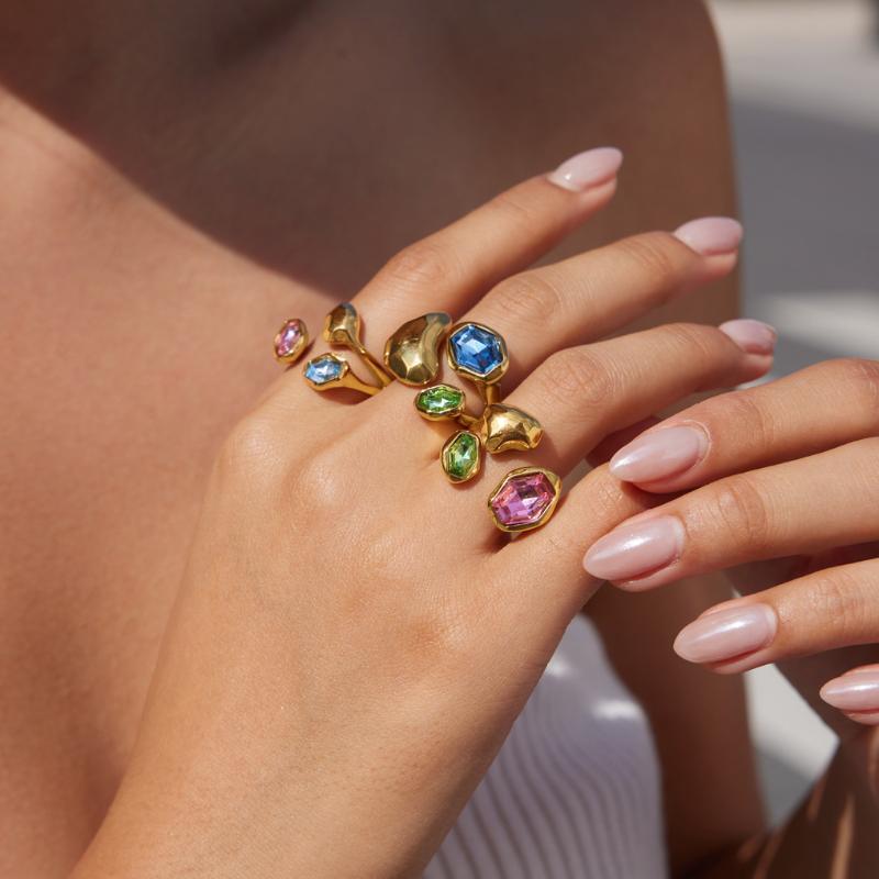 Elegant Colored Glass Open Ring for Women Stainless Steel Waterproof Non-Tarnish Jewelry for Prom Banquet Anniversary Gifts