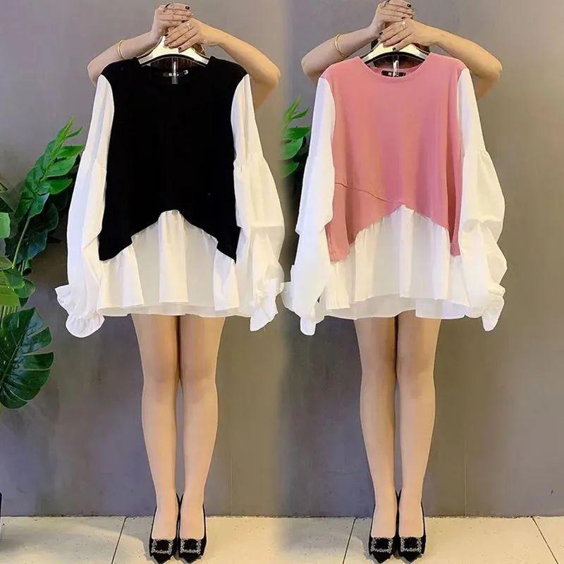 Women's Patchwork Fake Two Piece Spring Chubby Sister Irregular Bubble Sleeves Niche Shirt Hoodie
