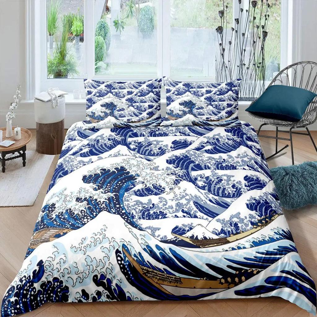 Japanese Wave Duvet Cover Set Sea Storm In Japan Traditional Drawing Foamy WavesBedding Set Full SizeEarth Yellow Dark Blue