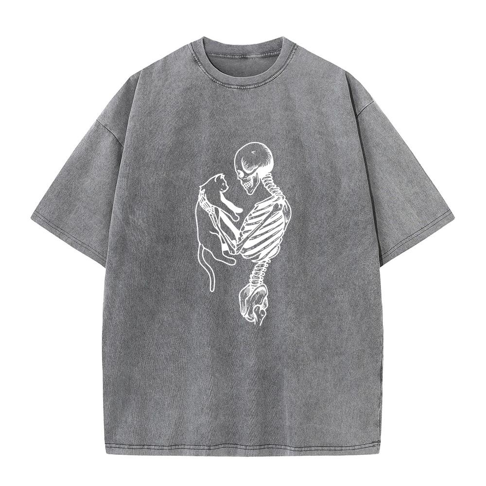

Mens Retro Skull Cat Print Washed TShirt Street Style Casual Distressed Pure Cotton Short Sleeve Fitness Running Base Top S
