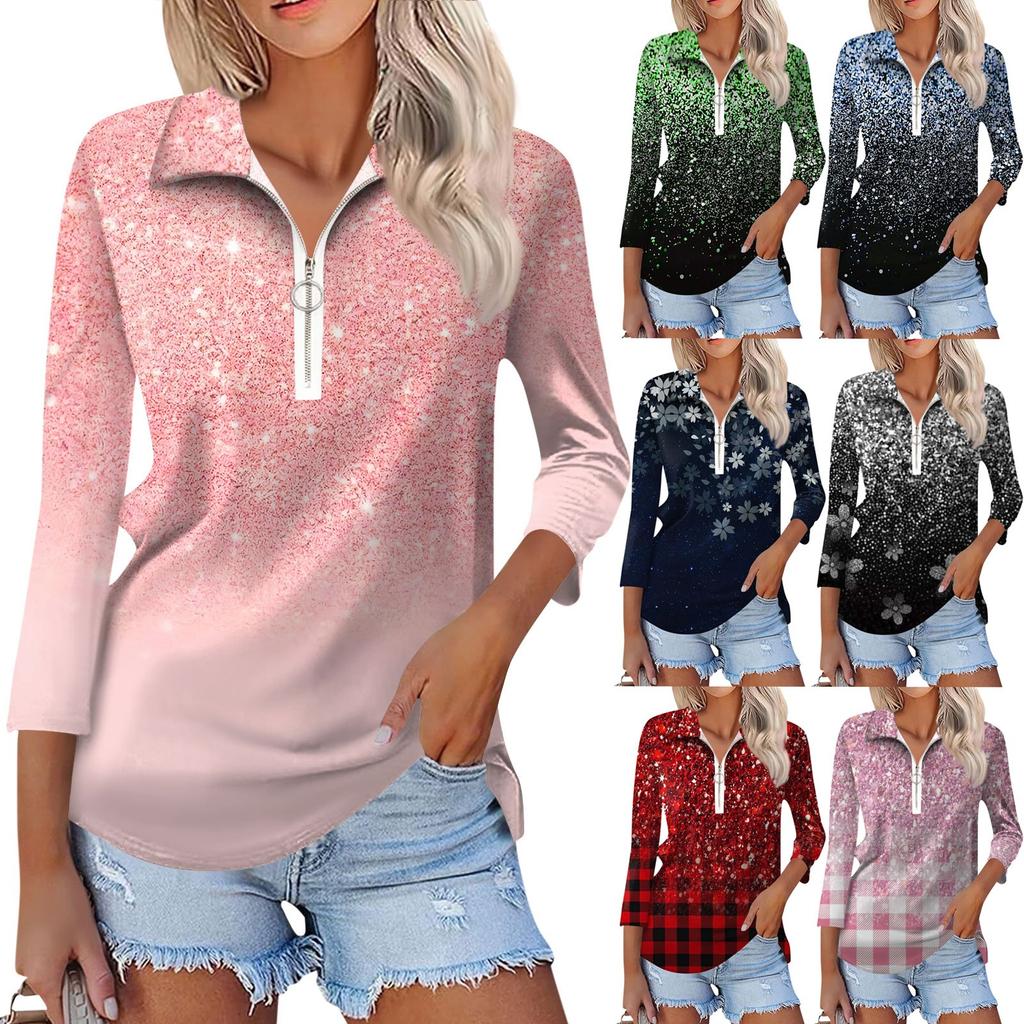 Women's Summer Fashion Casual Printed V-Neck Seven-Point Sleeve   Shirt Top