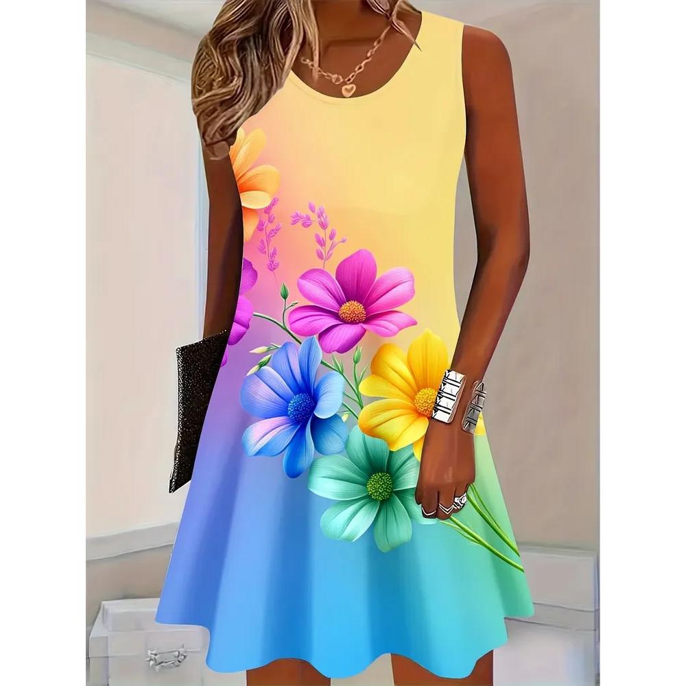 Fashion Versatile Sleeveless Dress Flower Print Comfortable Casual Dresses