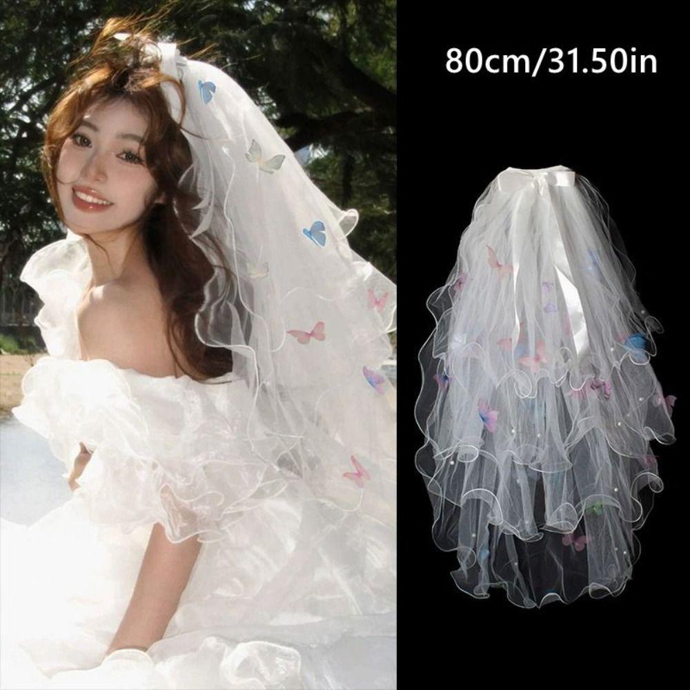 Butterfly Wedding Veils with Clip White Veil New Mesh Tulle  Bridal Veils Headdress Accessories