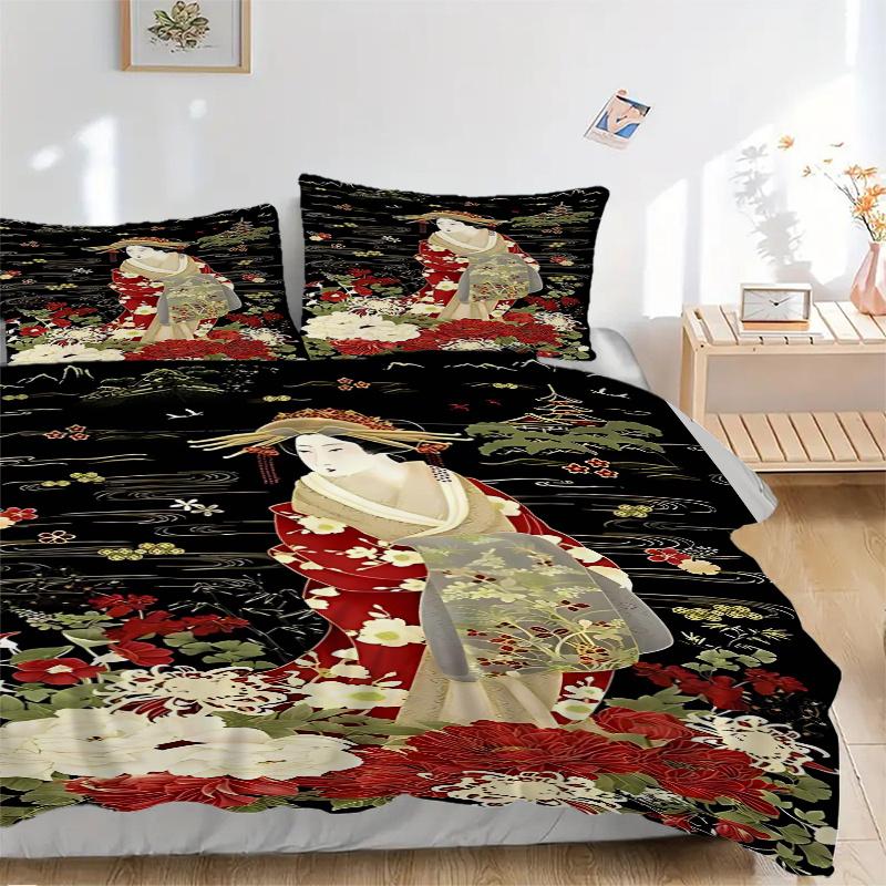 3pcs Anime Geisha Comforter Set with One Quilt Cover and Two Pillowcases (No Core), Bedroom Decor - Perfect Gift for Anime Lovers - Polyester Fabric -