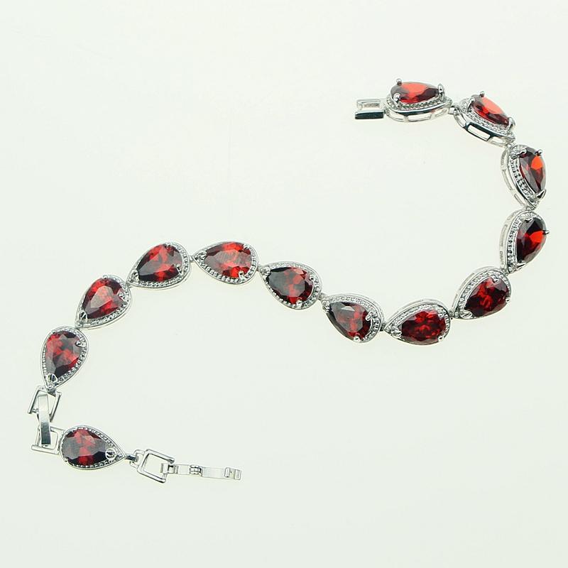 Water Drop Red Garnet CZ 925 Silver Jewelry Length 21cm Link Chain Bracelet for Women Free Gift Box