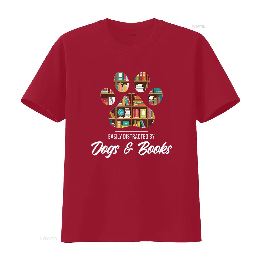 Easily Distracted By Dogs And Books Animal Lover T Shirt vintage Washed fashion Top For Everyday Wear homme Breathable