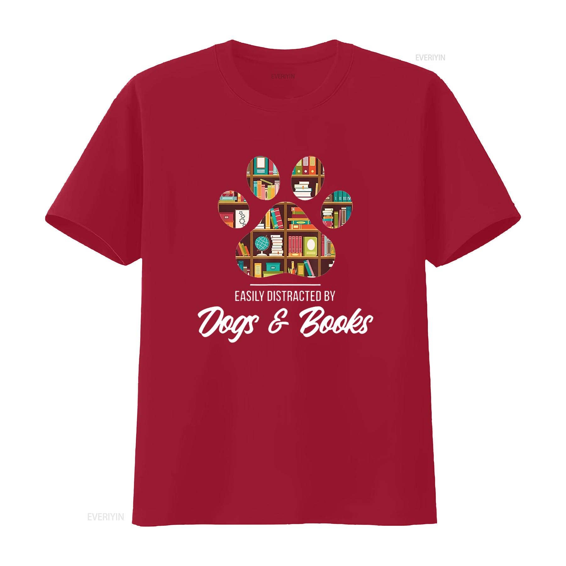 

Easily Distracted By Dogs And Books Animal Lover T Shirt vintage Washed fashion Top For Everyday Wear homme Breathable S