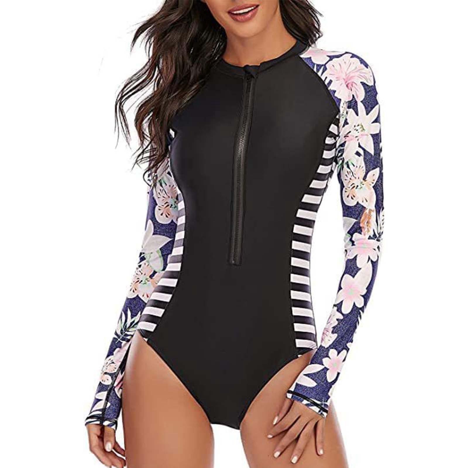 

Цельный женский купальник с длинным рукавом на молнии с цветочным принтом, летний облегающий спортивный монокини, женский купальный костюм, пляжная одежда S серый