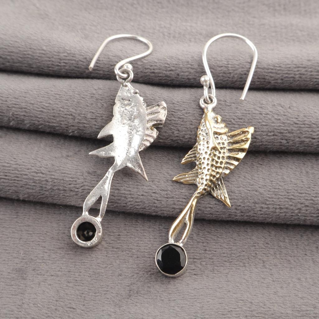 Round Black Onyx Stone Sterling Silver Hook Dangle Drop Handmade Unique Earrings EE-148-7
