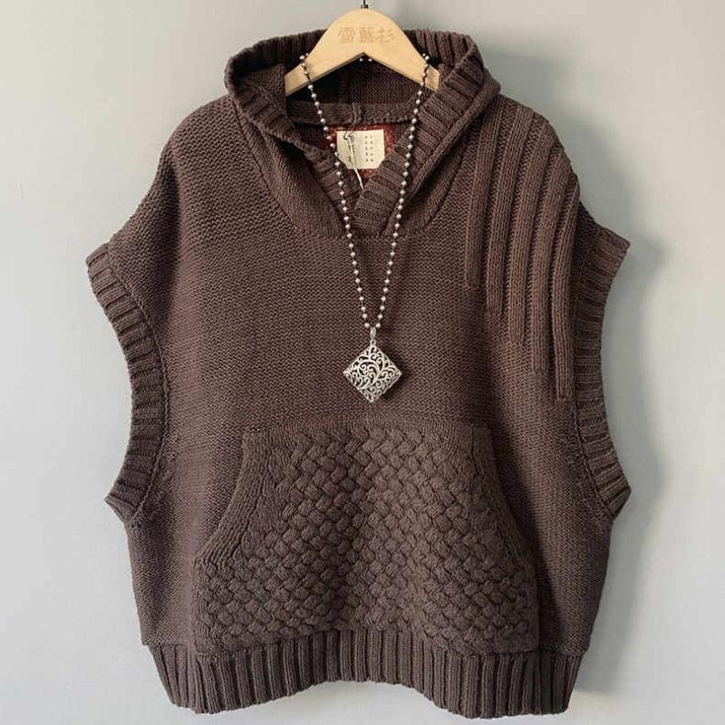 

Sweater Vest Women Retro Chic Hooded All-match Chinese Style Fashion Ladies Knitwear Front Pocket Autumn Basic Clothing M кофейный
