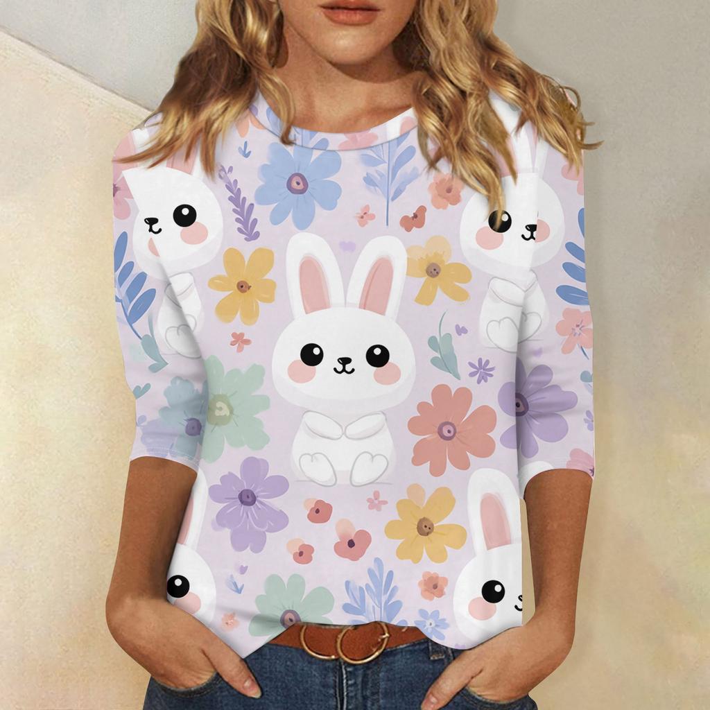 Women's Fashionable Casual Easter Bunny And Egg Print Neck Three-Quarter Sleeve T-Shirt