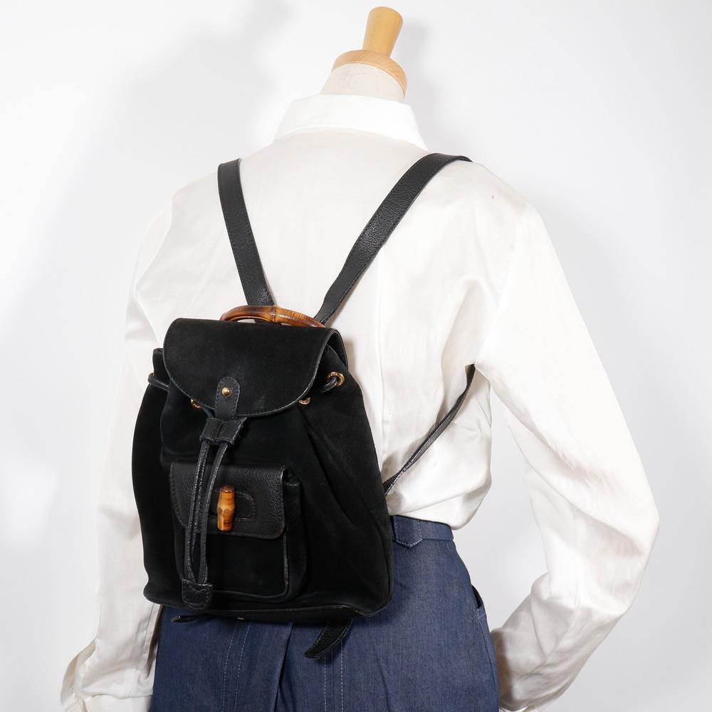 GUCCI Bamboo Backpack Daypack Old Gucci black Suede Women Used