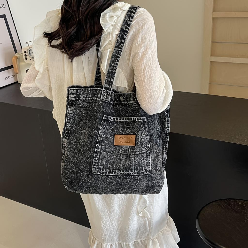 Vintage Washed Denim Tote Bag Casual Large Capacity Single Shoulder Carryall Stylish Purse