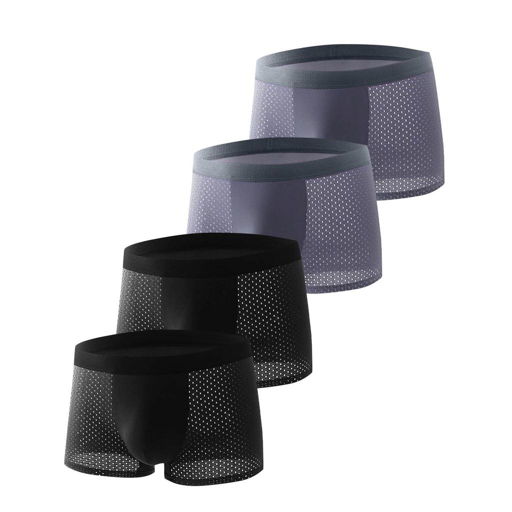 Men's Black Ice Silk Mid-Waist Breathable Mesh Boxer Briefs