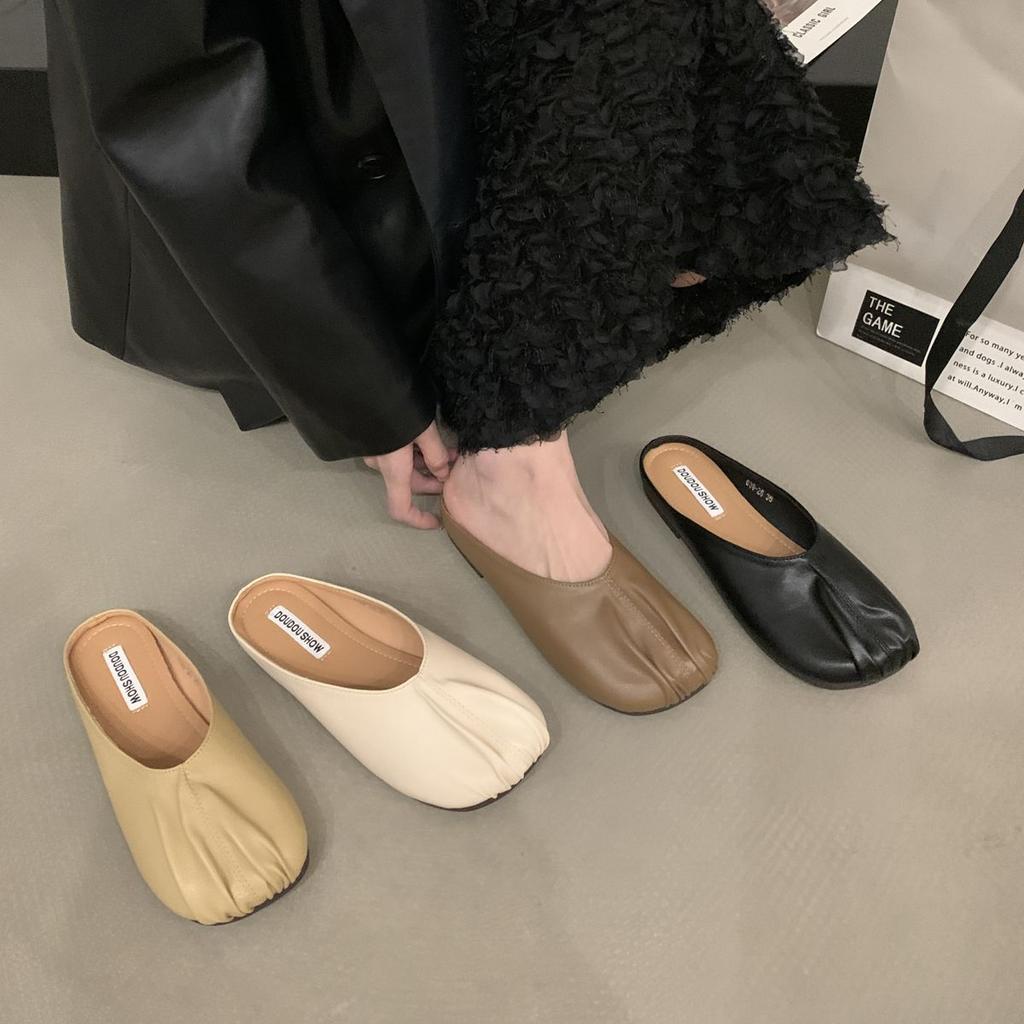 Lazy Bag Head Half Slippers Women's Spring and Summer Wear 2025 Flat-bottomed Soft-soled French Sandals Retro Grandma Shoes One Pedal