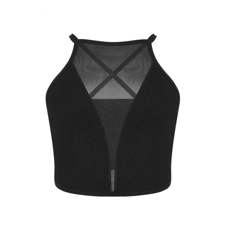 

Mesh Panel Ribbed Halter Neck Wireless Crop Bralette S чорний