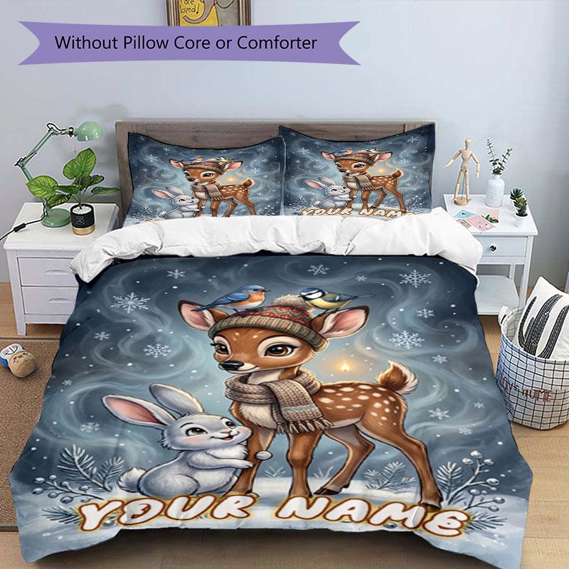 3PC Custom Name Winter Friends Adventure Bedding Set Duvet Cover Closure Includes 1 Duvet Cover & 2 Pillowcases for Bedroom
