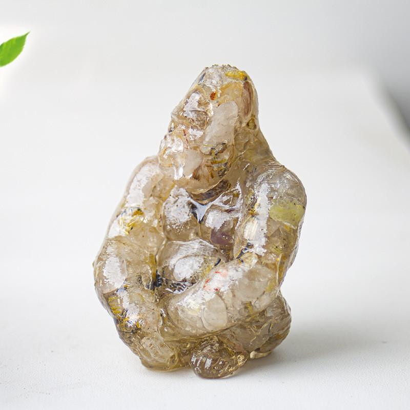 Statue de Gorille en Résine avec Pierres de Cristal Naturelles Pour Décoration de Bureau Cadeau Pour Amis