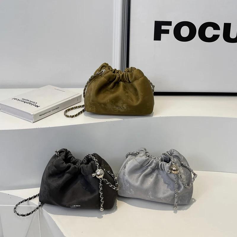 Pu Leather Shoulder Bags for Women 2026 Designer Korean Fashi Handbags and Purses Trend Chain Silver Crossbody Bucket Bag