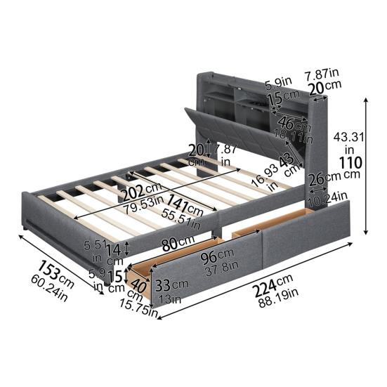 Upholstered Bed, 140 X 200cm, No Mattress, App-Controlled LED Light, Bed with Drawers Featuring Power Outlets and USB Ports, Built-In Storage