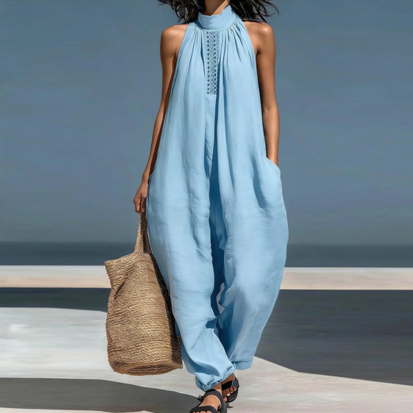 

Sleeveless Loose Fit Neck Jumpsuit for Women Casual Wide Leg Romper with Pockets Relaxed Fit Design L