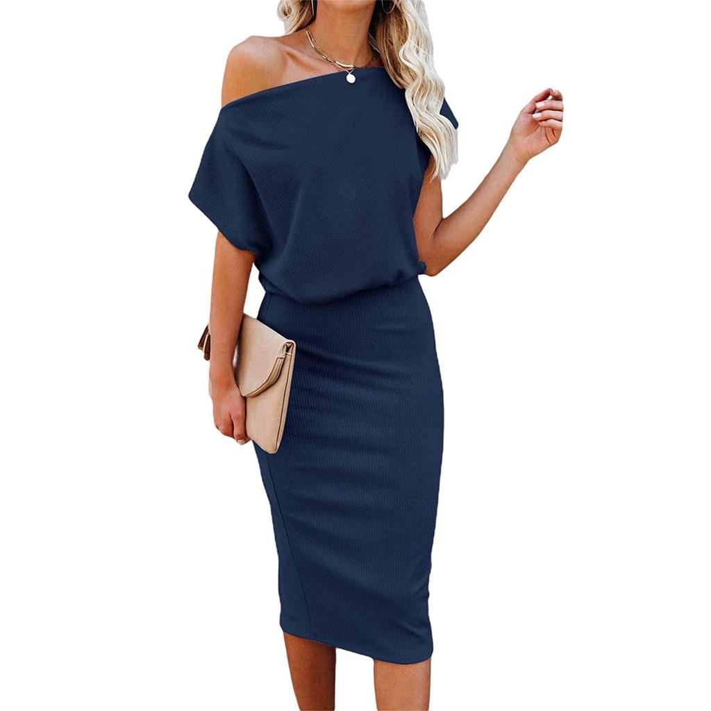 Women’s Off Shoulder Ribbed Knit Midi Dress Casual Loose Fit Short Sleeve Elegant Solid Pattern